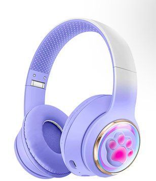 Детские Bluetooth наушники с LED подсветкой, Фиолетовые с отпечатком лапки котика CAT AKZ 61 AKZ-61 F фото