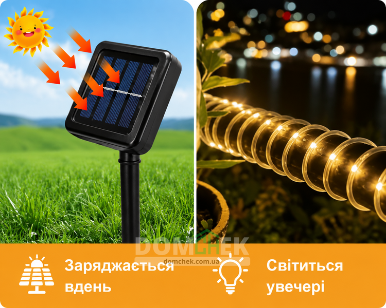 Світлодіодна гірлянда "Трубка" 20м 200 LED ламп, тепле біле світло з сонячною батареєю 2020 фото