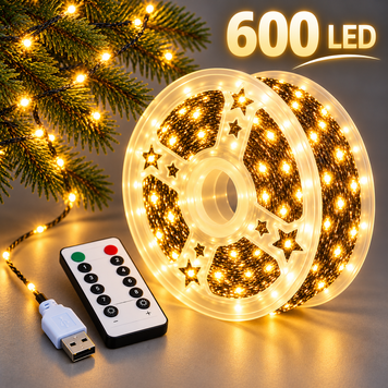 Гірлянда Роса 60 м 600 LED, зелений кабель, тепле біле світло, USB з пультом керування 60600 фото