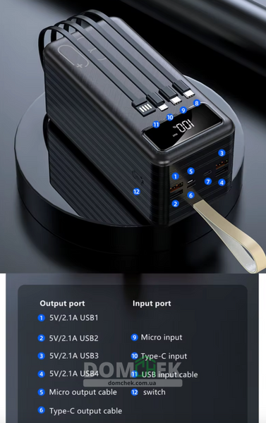 Зовнішній аккумулятор Power Bank 80000 mAh 22.5W Torima з швидкою зарядкою, кабелями та ліхтариком Чорний TRM-1080 фото