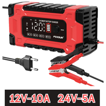 Зарядний пристрій Foxsur 12V 10А - 24V 5A для автомобільного акумулятора FBC122410E, 6-180 А-год імпульсний автоматичний FBC122410E фото
