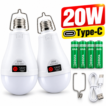 2 шт 20W з USB зарядкою Акумуляторна аварійна LED лампочка E27 з гачком для підвішування 204 фото