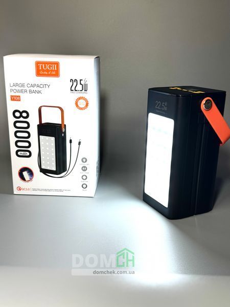 Зовнішній акумулятор Power Bank 80000 mAh 22.5W Tugii з ліхтариком Чорний Y108 фото