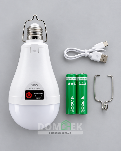 2 шт 20W з USB зарядкою Акумуляторна аварійна LED лампочка E27 з гачком для підвішування 204 фото