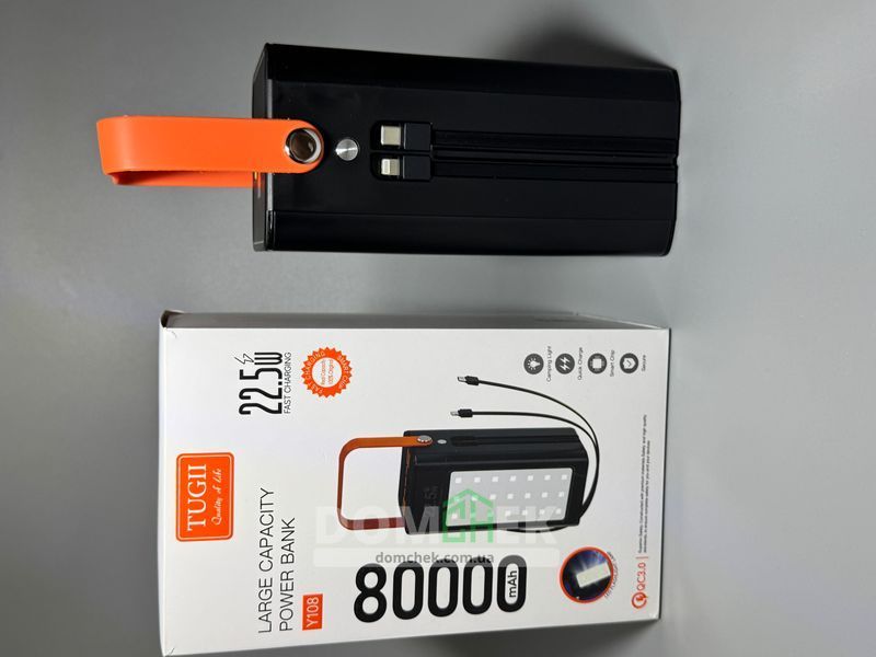 Зовнішній акумулятор Power Bank 80000 mAh 22.5W Tugii з ліхтариком Чорний Y108 фото