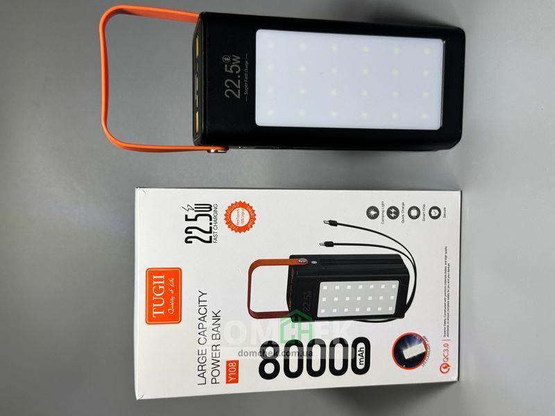 Зовнішній акумулятор Power Bank 80000 mAh 22.5W Tugii з ліхтариком Чорний Y108 фото